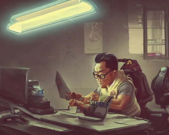 Image similar to an insanely detailed painting of a nerdy asian man wearing a superhero costume, sitting at a desk, staring at the nervously at the computer and typing, in the style of peter mohrbacher, dramatic lighting and composition, octane render, pixar, trending on artstation, concept art, comic book, view from behind