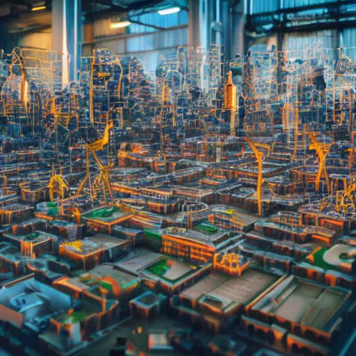 Prompt: crane shot of large group people in open warehouse, looking at hologram of futuristic city on a table, cinematic still, godrays, golden hour, natural sunlight, 4 k, clear details, tabletop model buildings, tabletop model, ethereal hologram center, crane shot, crane shot, rule of thirds, people, people