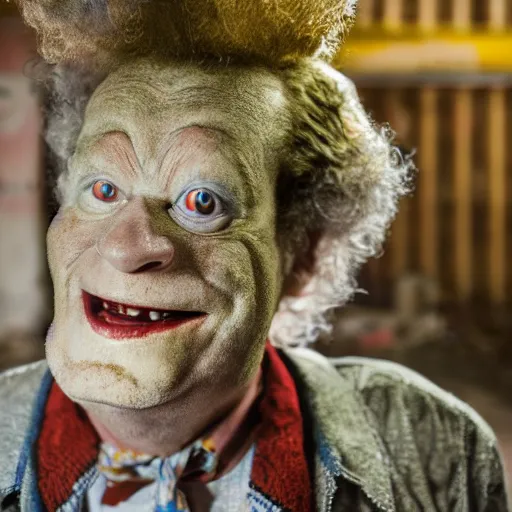 Image similar to UHD photo of Krusty The Clown in an abandoned building, by Annie leibowitz, photorealisitc ,detailed