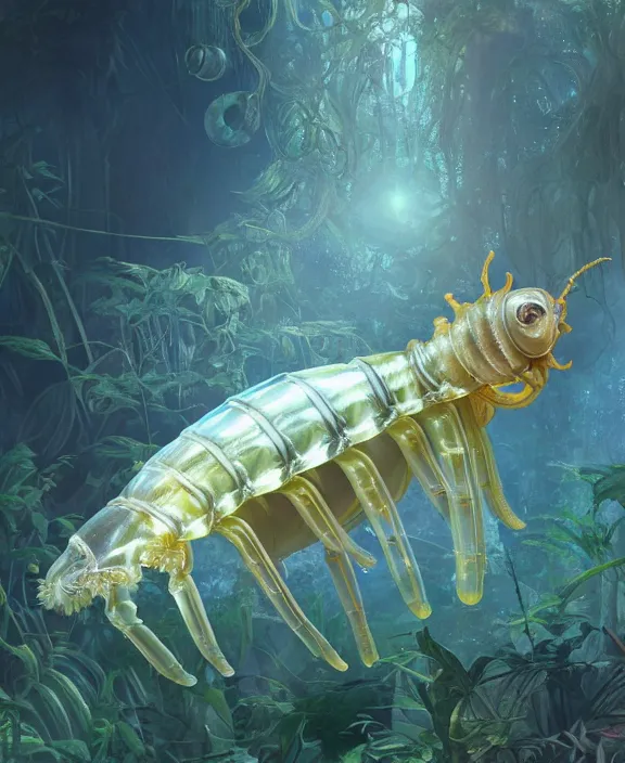 Image similar to opulent transparent clear see - through portrait of a terrifying beautiful male body alien isopod sea slug, mottled coloring, adorable, childlike, overgrown biopunk jungle environment, ultra realistic, concept art, art nouveau, photorealistic, octane render, 8 k, unreal engine. art by christopher marley and artgerm and greg rutkowski and alphonse mucha