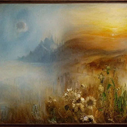 Image similar to realistic bright gallerie thorn clover, by j. m. w. turner and monsu desiderio, detailed painting, an ink drawing