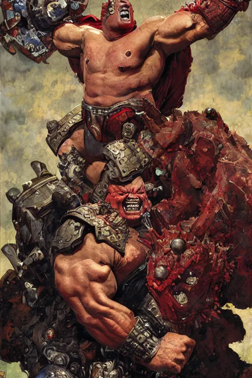 Image similar to upper body and head portrait of hulking brock lesnar as marvel demon wearing cape and armour, norman rockwell, tom lovell, alex malveda, jack kirby, lawrence alma tadema, greg staples, jeremy mann