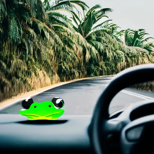 Prompt: human with frog face driving car, palm trees