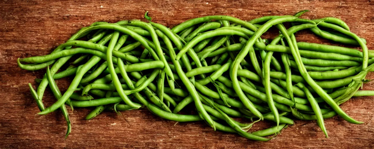 Prompt: photography strikning green beans