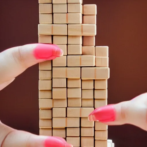 Prompt: photo of a girl's hand with beautiful fingernails made out of jenga blocks