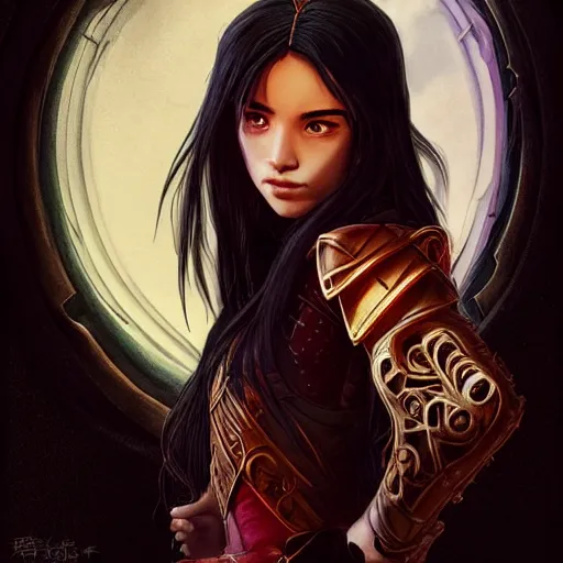 Image similar to Portrait of teenage sorceress Azula wearing skintight black leather armor, Avatar the Last Airbender, Dungeons and Dragons, Lord of the Rings, intricate, elegant, highly detailed, digital painting, artstation, concept art, smooth, sharp focus, illustration, art by artgerm and greg rutkowski and alphonse mucha and andrei riabovitchev