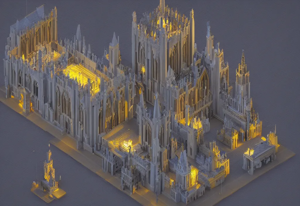 Image similar to isometric voxel cathedral, cinematic lighting, 4k