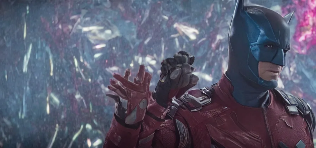 Prompt: adam Batman with his hands down in guardians of the galaxy movie scene hd 8k