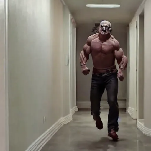 Image similar to john cena running from michael myers down a hallway of a house that was built in the 8 0's