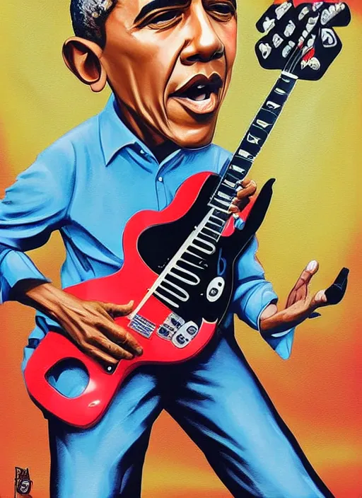 Image similar to Barack Obama shredding on an electric guitar in the style of Jason Edmiston