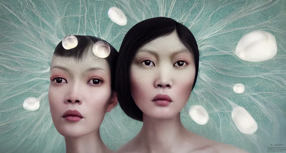 Image similar to closeup shot of asian female wearing a luminous soft fragile jelly fish dress, symmetrical face, by ray caesar, by louise dahl wolfe, by andrea kowch, by anna claren, surreal photography