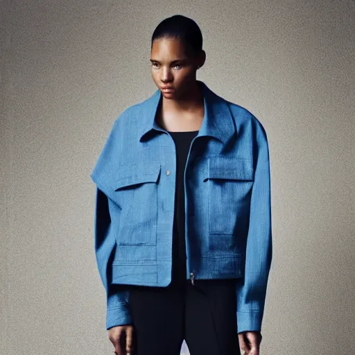 Image similar to realistic photoshooting for a new balenciaga lookbook color film photography of a beautiful woman model, model wears a workwear jacket, photo in style of tyler mitchell, ssense