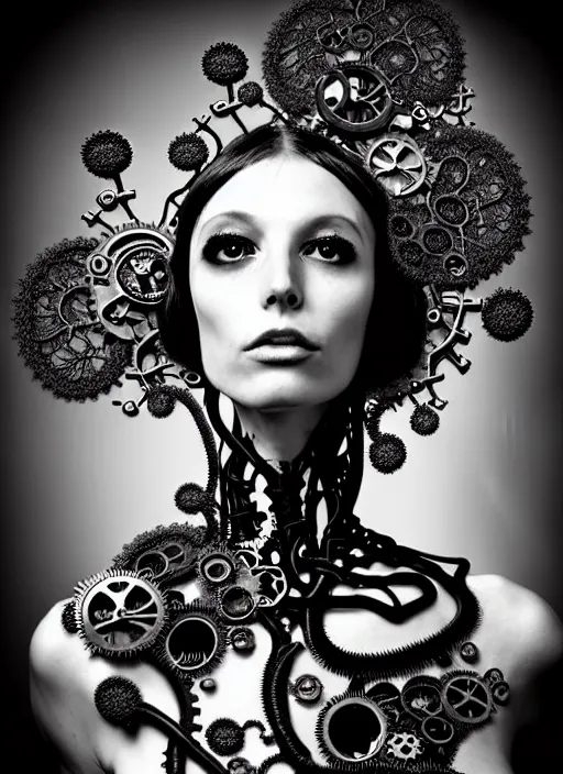 Prompt: surreal black and white photo portrait of complex bio-mechanical beautiful young female vegetal-cyborg with a Mandelbrot fractal steampunk metal fine lace face, curled silver hair and a fine metal floral foliage super big lace collar by Alexander McQueen:: high fashion, haute couture, rococo, steampunk, silver filigree details, anatomical, facial muscles, cable wires, microchip, elegant, hyper realistic, 150 mm lens, soft rim light, octane render, unreal engine, volumetric lighting, 8k,