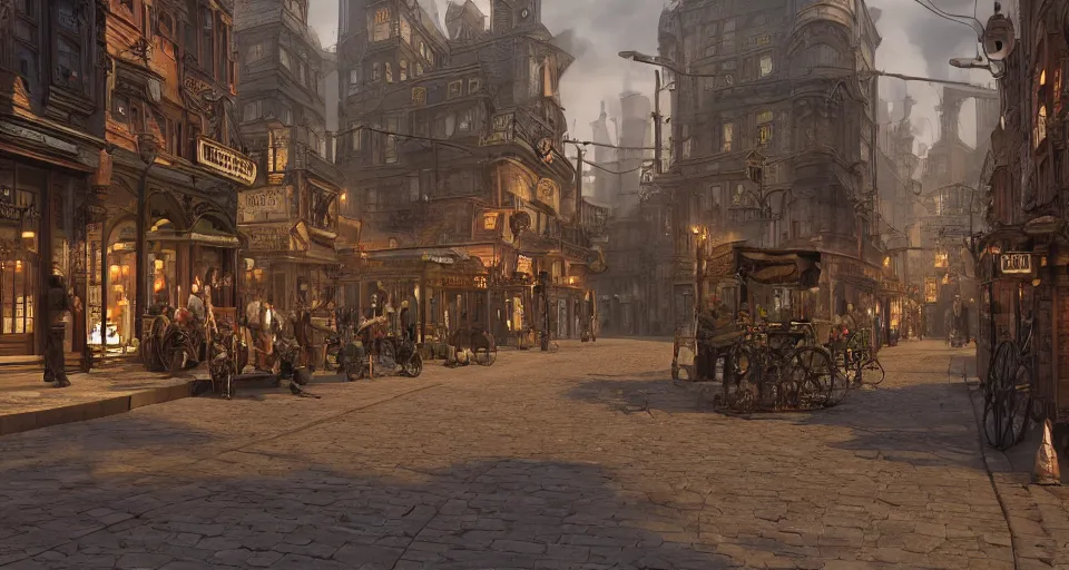 Image similar to steampunk city streets by ted nasmith, octane render, trending on artstation