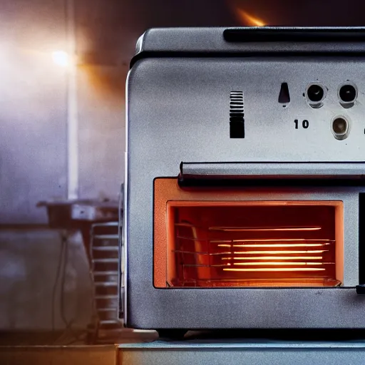 Image similar to toaster oven connected to 1 0 0 cables, symmetry, dark messy smoke - filled cluttered workshop, dark, dramatic lighting, orange tint, sparks, cinematic, highly detailed, sci - fi, futuristic, movie still