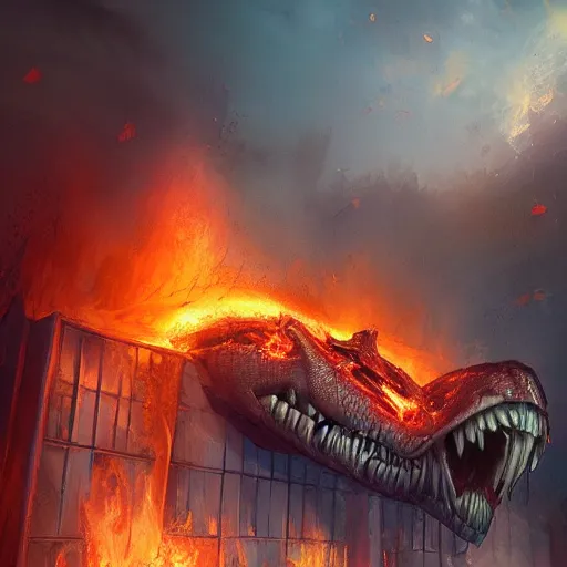 Image similar to unknown creature destroys building in flames, highly detailed, digital image, artstation concept art, smooth, sharp focus, artgerm, alphonse fly, photorealistic