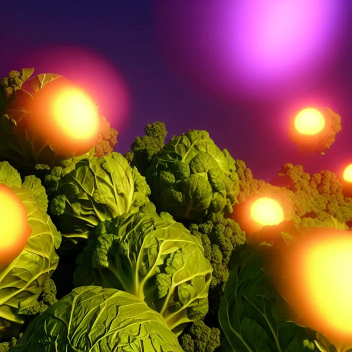 Image similar to high quality 3 d render very cute cabbages! money dollar party explosion, highly detailed, unreal engine cinematic smooth, moody purple glow light, low angle, uhd 8 k, sharp focus