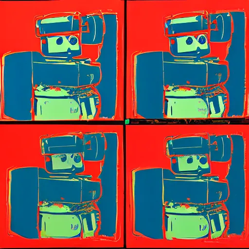 Image similar to old robot, 6 panels by andy warhol, with highly contrasted colors and an illuminating background