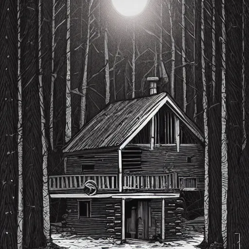 Image similar to a Ilustration of a Eerie cabin in the middle of the woods in the style of Dan Mumford