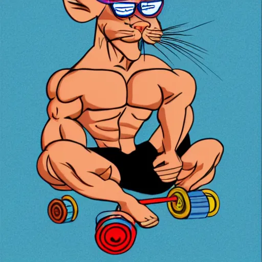 Prompt: a colored caricature drawing of a cat that is a bodybuilder sitting on the floor with weights and wearing sunglasses