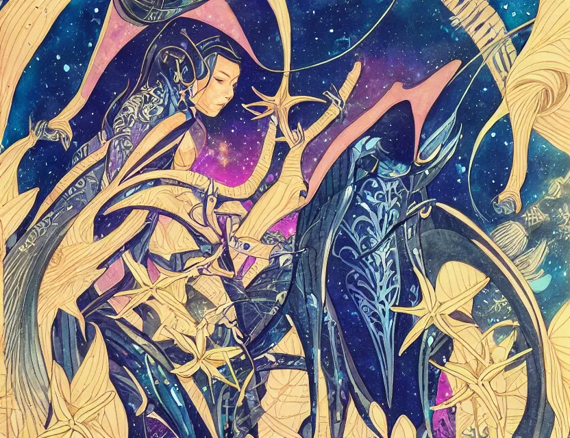 Prompt: priestess of galactic manta rays. gouache painting by award - winning mangaka, intricate details, chiaroscuro, bloom, backlighting