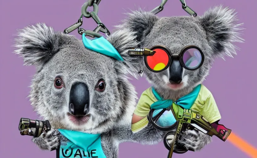 Image similar to “ cute koala with very big eyes, wearing a bandana and chain, holding a laser gun, standing on a desk, digital art, award winning ”