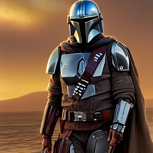 Image similar to the mandalorian, portrait, concept art by doug chiang cinematic, realistic painting, high definition, concept art, portait image, path tracing, serene landscape, high quality, highly detailed, 8 k, soft colors, warm colors, turbulent sea, high coherence, anatomically correct, hyperrealistic, concept art, defined face, symmetrical 5