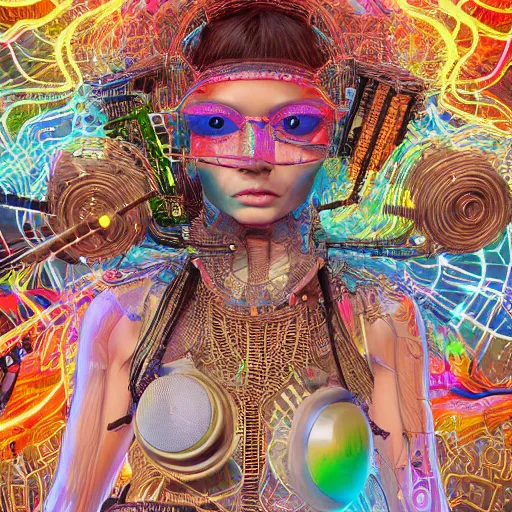 Image similar to deeper into the metaverse we go, piles of modular synth cables, puerto rican goddess swimming up wearing a headpiece made of circuit boards, by cameron gray, wlop, stanley kubrick, masamune, hideki anno, jamie hewlett, unique perspective, trending on artstation, 3 d render, vivid pastel colors