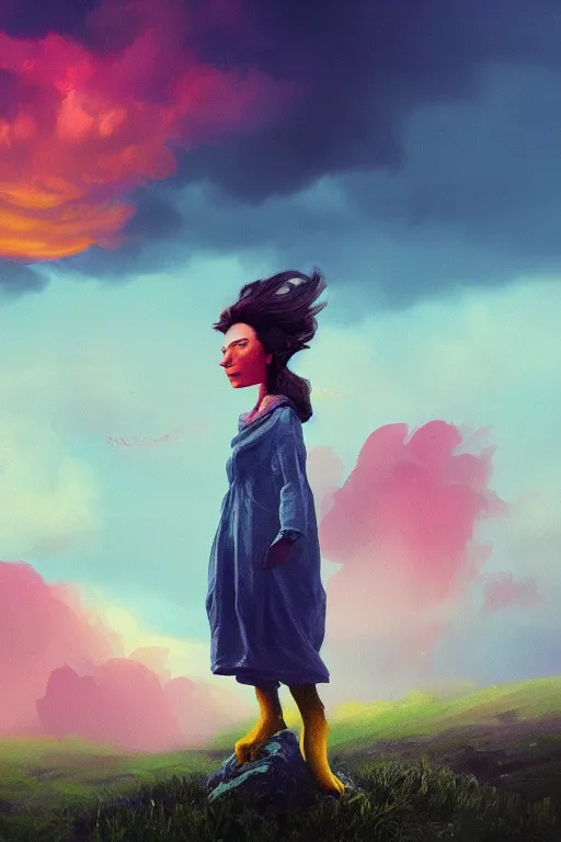 Image similar to closeup girl with huge yellow dahlia flower face, intricate, standing on mountain, surreal photography, blue storm clouds, dramatic light, impressionist painting, digital painting, artstation, simon stalenhag