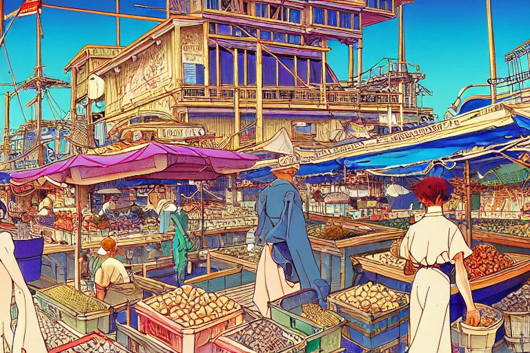 Image similar to cel-shaded study of a coastal city fish market a late renaissance city docks, key visual with intricate linework, in the style of moebius, ayami kojima, 90's anime, retro fantasy