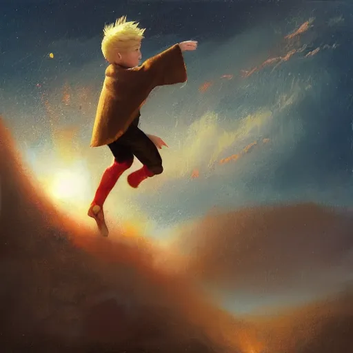 Image similar to blonde boy wearing a brown cape and flying in t pose, space background, oil painting, brush strokes, greg rutkowski