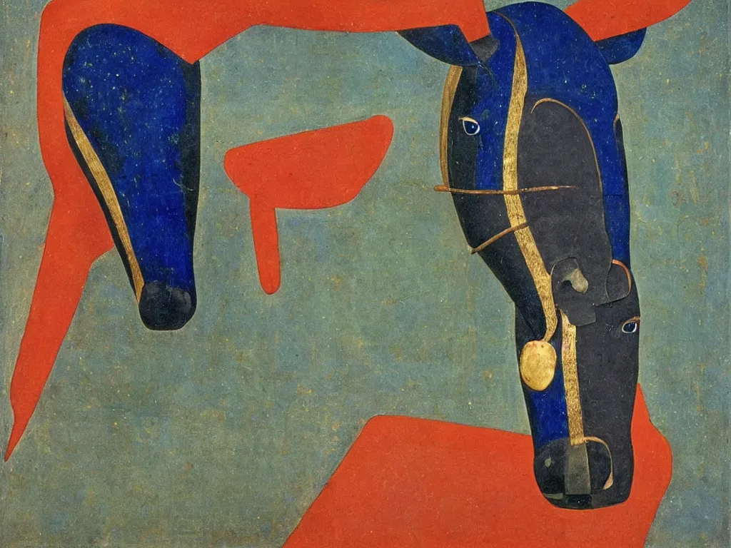 Prompt: portrait of a horse head with painted archaic totemic oceanian mask. lapis lazuli, malachite, cinnabar, petrol, gold. painting by piero della francesca, balthus, agnes pelton