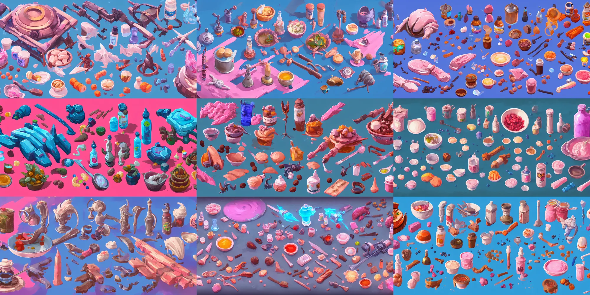 Prompt: game asset of liquid and food ingredients, in gouache detailed paintings, props, stylized, 2 d sprites, kitbash, arcane, overwatch, blue and pink color scheme, 8 k, close up