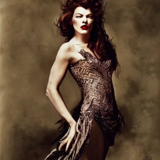 Prompt: milla jovovich by hans zatzka,