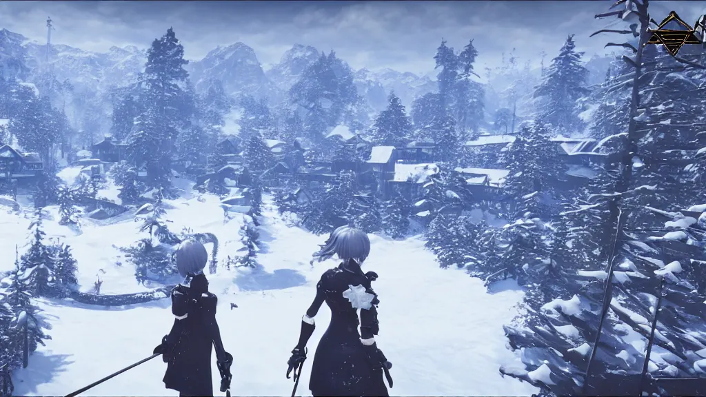 Image similar to Screenshot from Nier Automata, beautiful landscape at a ski resort