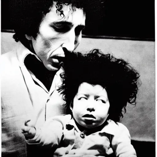 Prompt: bob dylan cradling the eraserhead baby like a baby, photograph, 1 9 6 5