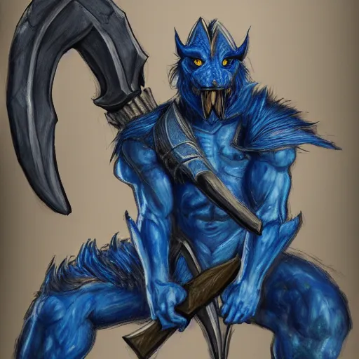Image similar to fantasy concept art; portrait of a blue dragonborn wielding an axe; barbarian clothing; detailed sketch