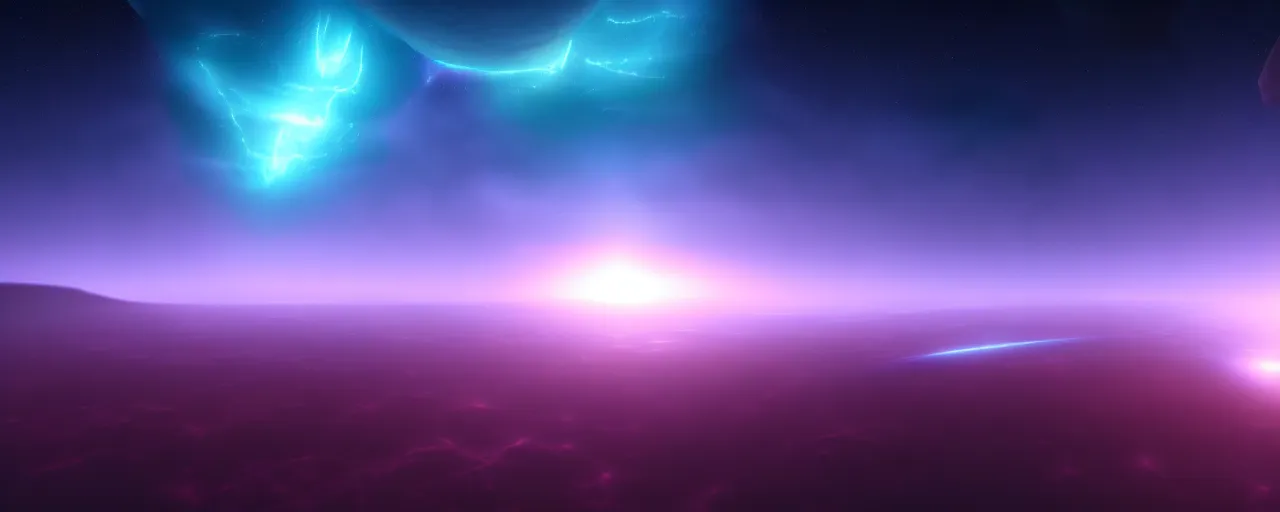Image similar to minimalist cinematic scifi render of atmospheric space, nebula, homeworld skies, volumetric lighting, 4 k, 8 k, hd