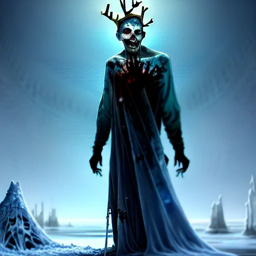 Prompt: a frozen zombie man with a crown, eyes are glowing, broken sailing ship boat in the background, is at dawn and bluish, fantasy, intricate, elegant, highly detailed, digital painting, artstation, concept art, matte, sharp focus, illustration, art by aenaluck and roberto ferri and greg rutkowski, epic