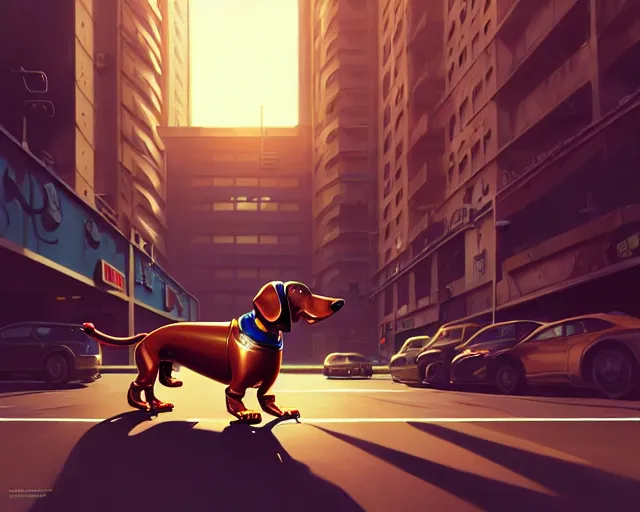 Image similar to portrait of mechanical robotic dachshund, hyper - realistic, gta v cover art, celshading, sharp focus, intricate, detailed, rhads, andreas rocha, makoto shinkai, lois van baarle, ilya kuvshinov, greg rutkowski, dynamic lighting, grunge aesthetic, 4 k