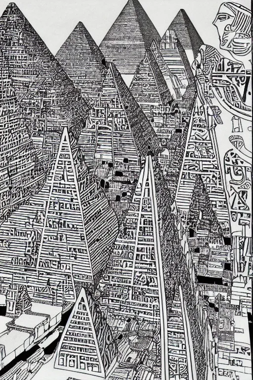 Image similar to a black and white drawing of a egyptian pyramid cityscape, a detailed mixed media collage by hiroki tsukuda and eduardo paolozzi and moebius, intricate linework, sketchbook psychedelic doodle comic drawing, geometric, street art, polycount, deconstructivism, matte drawing, academic art, constructivism