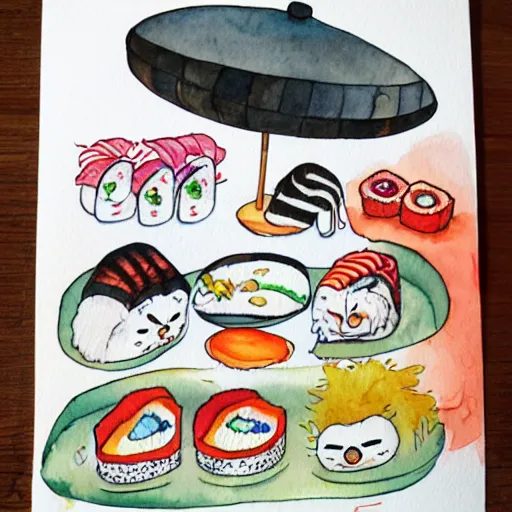 Image similar to sushi cats watercolour children's book illustration