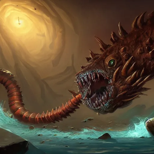 Image similar to a giant worm beast, worm monster, worm mouth, worm round mouth, rock and dust, worm brown theme, bright art masterpiece artstation. 8 k, sharp high quality artwork in style of jose daniel cabrera pena and greg rutkowski, concept art by tooth wu, blizzard warcraft artwork, hearthstone card game artwork, monster teeth