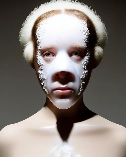 Image similar to portrait of a woman wearing a white embroidered translucent silicone mask and white frizzy hair buns, wearing a black bodysuit by alexander mcqueen, cream white background, soft diffused light, biotechnology, humanoide robot, bjork aesthetic, translucent, by rineke dijkstra, intricate details, highly detailed, masterpiece,