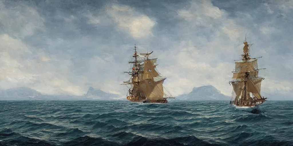 Prompt: Portrait of a 20th century frigate alone at sea with an island in the background, highly detailed, cinematic lighting, digital art, painting by aivasovsky