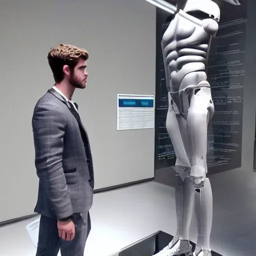 Image similar to “ a realistic detailed photo of a guy who is an attractive humanoid who is half robot and half humanoid, who is a male android, actor liam hemsworth, shiny skin, posing like a statue, blank stare, at the museum, on display ”