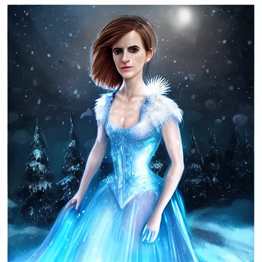 Image similar to Portrait shot of Emma Watson as the Queen of Ice, Ice crystal armor, snow falling, concept art, 4k, digital art, trending on art station, hd, doll, colorful backdrop