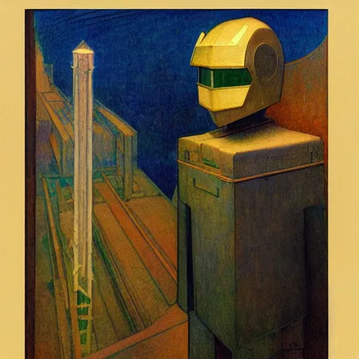 Prompt: the robot wearing her human mask, by jessie willcox smith and donato giancola and nicholas roerich, symbolist, dramatic lighting, elaborate geometric ornament, art brut, god rays, soft cool colors, smooth, sharp focus, extremely detailed