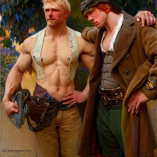 Image similar to attractive muscular arthur pendragon and muscular attractive merlin go to a pub together to have some drinks. highly detailed painting by gaston bussiere, craig mullins, j. c. leyendecker, alphonse mucha 8 k