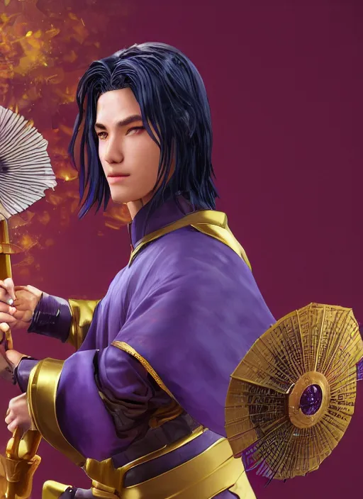 Image similar to An epic fantasy comic book style portrait painting of young man with straight indigo hair, purple eyes with red eye markers, slim body, wearing a detailed Japanese kimono with golden armor pieces, holding a japanese fan. Unreal 5, DAZ, hyperrealistic, octane render, cosplay, RPG portrait, dynamic lighting